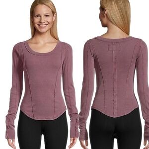 WE THE FREE Cotton Stuck On You Cuff Scoop Neck Top Raw Seams Dusty Rose US Sz L